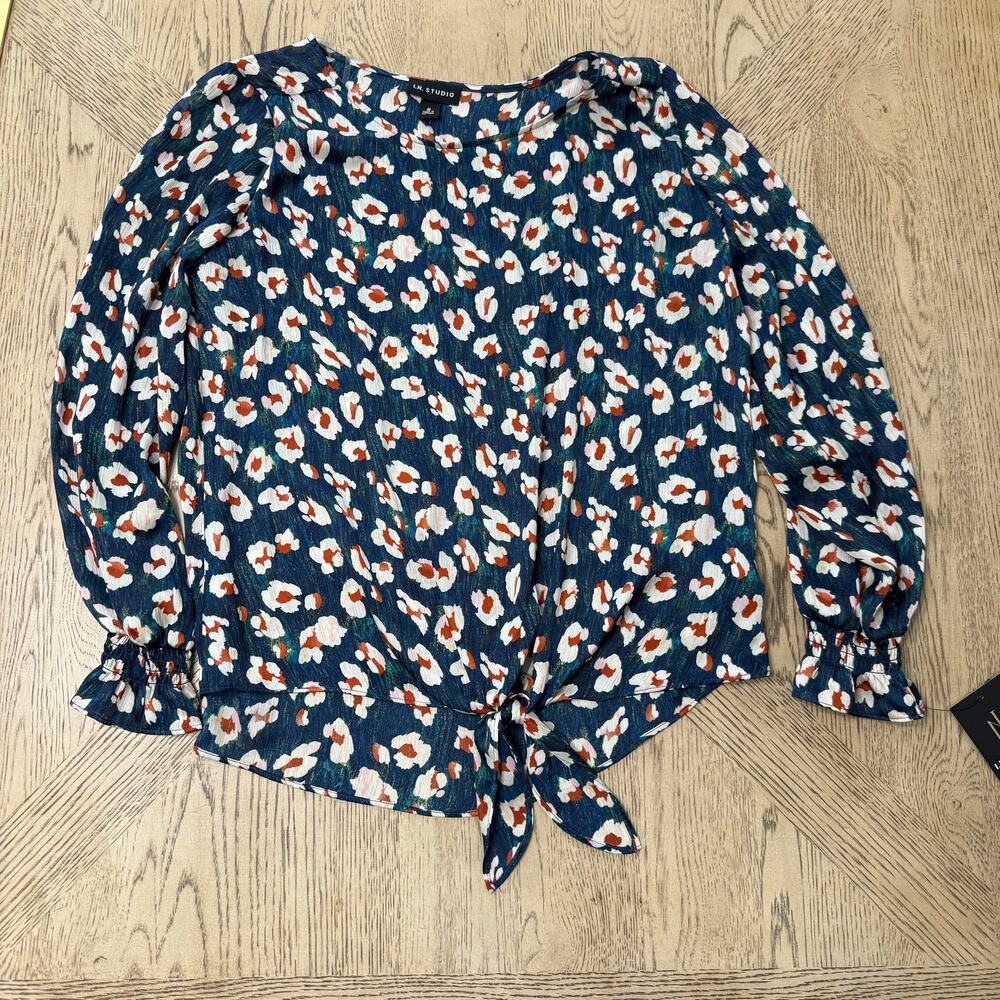 New I.N. Studio Medium Navy Blue Cheetah Print Tie Front Top Blouse NWT